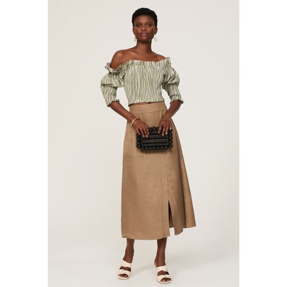 TOCCIN Smocked Ruffle Top Green Off-Shoulder Zebra Striped Puff Sleeve Sz XS - Picture 3 of 10